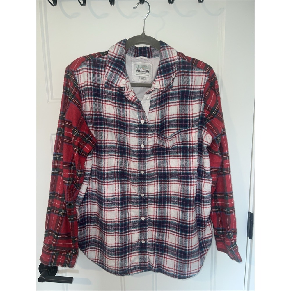 American Eagle Women's Flannel Shirt Medium Plaid Red Boyfriend Fit Soft Y2K